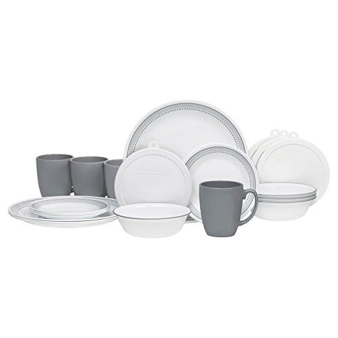CORELLE 20 PIECE LIVINGWARE DINNERWARE SET WITH STORAGE, MYSTIC GRAY, SERVICE FOR 4