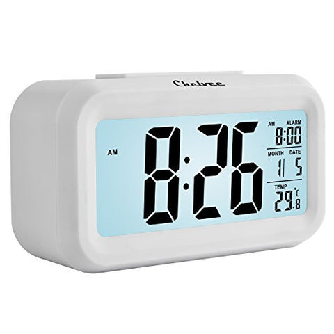 BEAUTYFLOWER SMART ALARM CLOCK WITH LARGE LCD SCREEN, LOW LIGHT SENSOR TECHNOLOGY, REPEATING SNOOZE, MONTH DATE & TEMPERATURE DISPLAY FUNCTION. (WHITE)