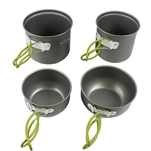 G4FREE OUTDOOR CAMPING PAN HIKING COOKWARE BACKPACKING COOKING PICNIC BOWL POT PAN SET 4 PIECE CAMPING COOKWARE MESS KIT(4 PCS-GREEN)