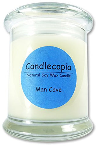 CANDLECOPIA MAN CAVE SCENTED SOY CANDLE - THIS MASCULINE SCENT POSSESSES A BLEND OF LAVENDER, JASMINE, OAKMOSS, MUSK & SANDALWOOD - 70+ HOURS BURN TIME IN 12.5 OZ STATUS JAR WITH GLASS LID