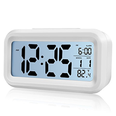 XUZOU DIGITAL ALARM CLOCK BATTERY OPERATED- ALARM CLOCKS BEDSIDE- TEMPERATURE DISPLAY- SNOOZE AND LARGE DISPLAY- SMART NIGHT LIGHT - BATTERY OPERATED ALARM CLOCK AND HOME ALARM CLOCK. (WHITE)