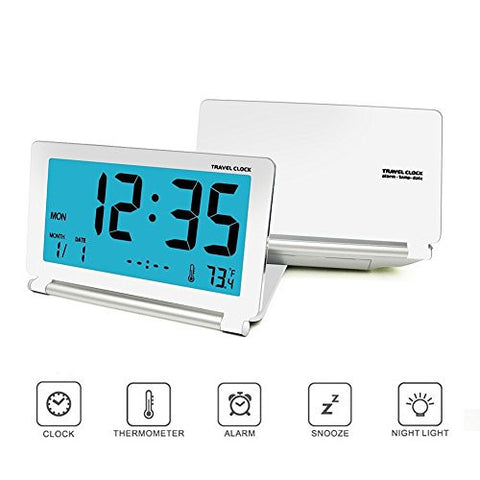 TRAVEL ALARM CLOCK, KRASR DIGITAL CLOCK LCD MINI DESK FOLDING BEDSIDE CLOCK WITH BLUE BACKLIGHT AND BATTERIES INCLUDED WHITE