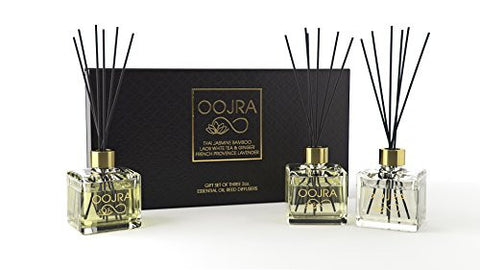 OOJRA 3 (2OZ) ESSENTIAL OIL REED DIFFUSERS AROMATHERAPY GIFT SET; THAI JASMINE BAMBOO, LAOS WHITE TEA & GINGER, FRENCH PROVENCE LAVENDER; DECOR BOTTLE, PREMIUM BLACK REEDS, 6OZ TOTAL (LASTS 5+ MONTHS)