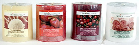 LUMINESSENCE(TM) ASSORTED SCENTED PILLAR CANDLES, 4 PILLAR CANDLES IN EACH PACK -WONDERFUL AROMA - LONG LASTING – INEXPENSIVE – VANILLA – BLACK CHERRY – APPLE CINNAMON – FRESH LINEN, SOY WAX CANDLES