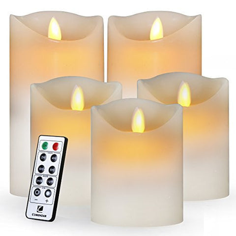 FLAMELESS CANDLES ，BATTERY CANDLES REALISTIC MOVING SET OF 5 FLICKERING CANDLES WITH REMOTE TIMER BY COMENZAR