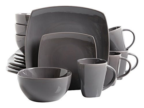 GIBSON HOME 16 PIECE SOHO LOUNGE SOFT SQUARE DINNERWARE SET WITH REACTIVE GLAZE STONEWARE, GREY