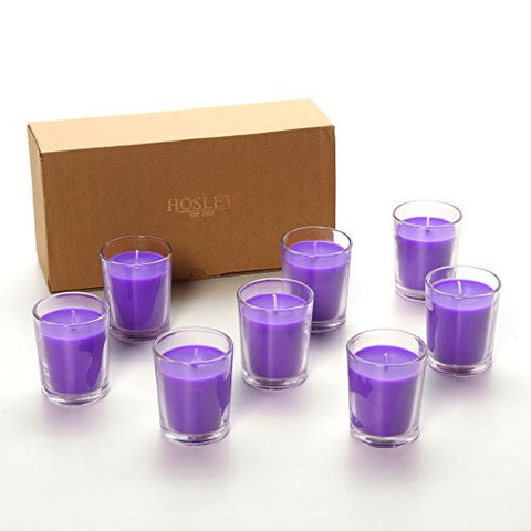 HOSLEY PREMIUM, HIGHLY SCENTED SET OF 8, LAVENDER, ESSENTIAL OILS, VOTIVE CANDLES IN CLEAR GLASS. BURNS UPTO 12 HOURS EACH. GREAT GIFT FOR HOME, PATIO, GARDENS, SPA, WEDDING