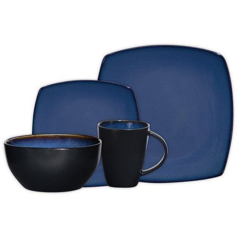 GIBSON SOHO LOUNGE 16-PIECE SQUARE REACTIVE GLAZE DINNERWARE SET,  BLUE