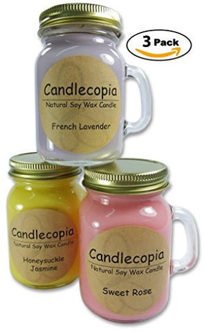 CANDLECOPIA SUMMER BREEZE 3-PACK SCENTED SOY CANDLES - INCLUDES HONEYSUCKLE JASMINE, FRENCH LAVENDER & SWEET ROSE - 80+ HOURS BURN TIME IN THREE 5 OUNCE MINI MUGS WITH LIDS