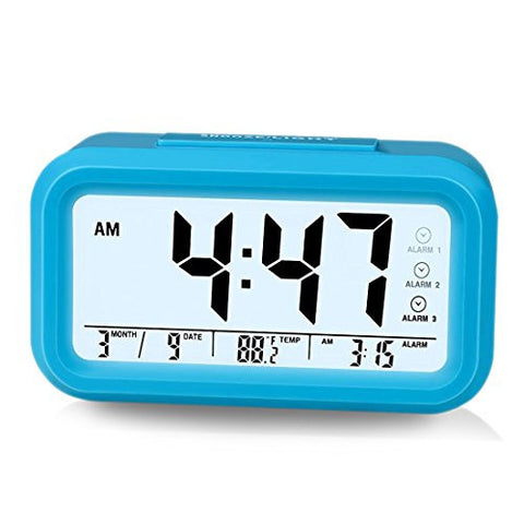 ZHPUAT DIGITAL ALARM CLOCK WITH TRIPLE ALARMS,SOFT BACK-LIGHT,CALENDAR AND THERMOMETER,GENTLE WAKE-UP AND PROGRESSIVELY LOUDER ALARM,BLUE
