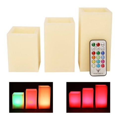 MOONCANDLES - 3 SQUARE VANILLA SCENTED WAX CANDLES WITH COLOR CHANGING REMOTE CONTROL (4'', 5'', 6'' INCH CANDLES)