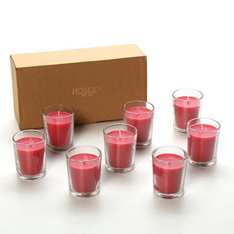 HOSLEY PREMIUM, HIGHLY SCENTED SET OF 8, APPLE CINNAMON, ESSENTIAL OILS, VOTIVE CANDLES IN CLEAR GLASS. BURNS UPTO 12 HOURS EACH. GREAT GIFT FOR HOME, PATIO, GARDENS