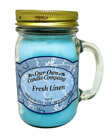 FRESH LINEN SCENTED 13 OUNCE MASON JAR CANDLE BY OUR OWN CANDLE COMPANY