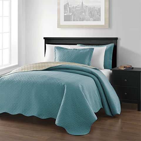 CHEZMOI COLLECTION MESA 3-PIECE OVERSIZED (100X106) REVERSIBLE BEDSPREAD COVERLET SET QUEEN, BLUE/KHAKI BY CHEZMOI COLLECTION