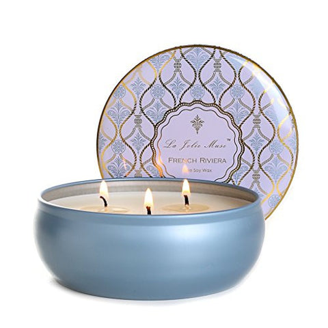 SCENTED CANDLES 3 WICKS TRAVEL TIN, FRENCH RIVIERA ESSENTIAL OIL, 12OZ SOY WAX, FINE HOME FRAGRANCE GIFTS