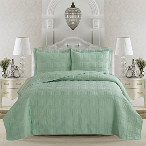 TERRA COLLECTION 3-PIECE LUXURY QUILT SET WITH SHAMS. SOFT ALL-SEASON MICROFIBER BEDSPREAD & COVERLET IN SOLID COLORS WITH EMBROIDERED BOX DESIGN. BY HOME FASHION DESIGNS BRAND. (F/Q, SMOKE GREEN)