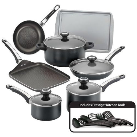 FARBERWARE HIGH PERFORMANCE NONSTICK ALUMINUM 17-PIECE COOKWARE SET, BLACK