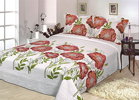 FANCY COLLECTION 3 PC BEDSPREAD WHITE WITH FLOWERS BEDCOVER (KING)