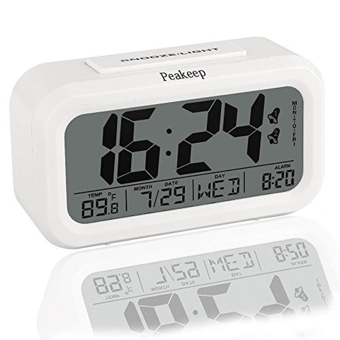 PEAKEEP DIGITAL ALARM CLOCK WITH 2 ALARMS FOR OPTIONAL WEEKDAY MODE, SNOOZE, SMART NIGHT LIGHT, BATTERY OPERATED ONLY (WHITE)