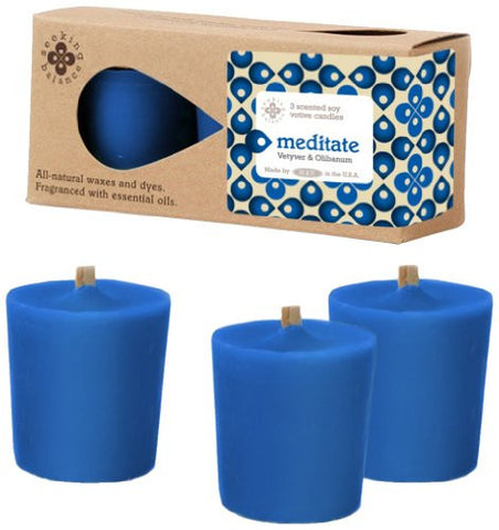 ROOT SCENTED SEEKING BALANCE MEDITATE VOTIVE CANDLES, VETYVER AND OLIBANUM, BOX OF 3