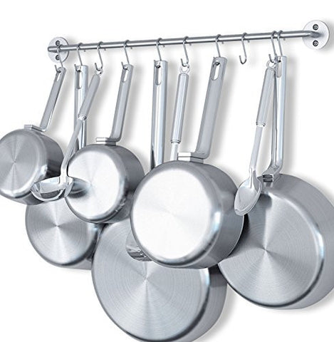 STEEL GOURMET KITCHEN 24 INCH WALL RAIL AND 10 S HOOKS SET UTENSIL POT PAN LID RACK STORAGE ORGANIZER SILVER COLOR