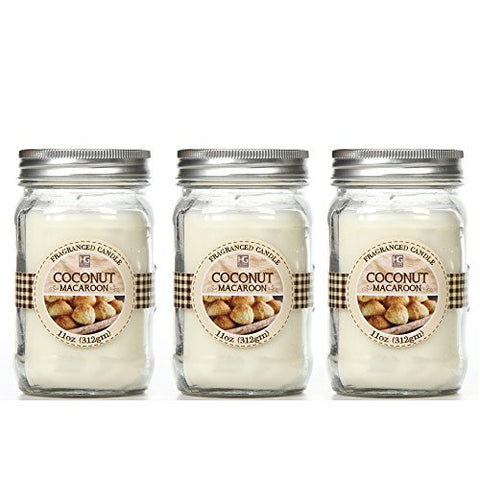 BULK BUY. HOSLEY'S SET OF 3, COCONUT MACAROON SCENTED MASON JAR CANDLES 11OZ EACH. IDEAL VOTIVE GIFT FOR PARTY FAVOR, WEDDINGS, SPA, REIKI, MEDITATION, BATHROOM SETTINGS