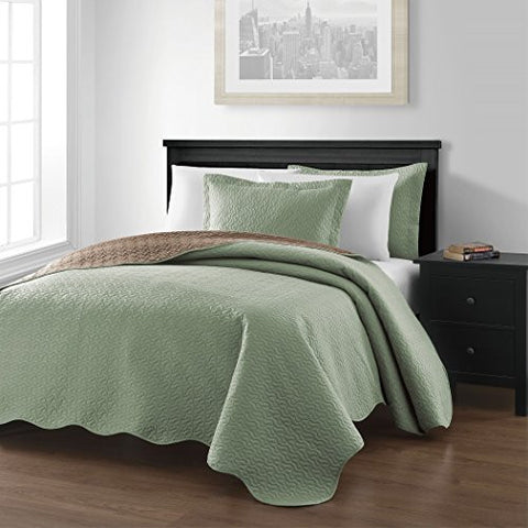 CHEZMOI COLLECTION MESA 3-PIECE OVERSIZED (100"X106") REVERSIBLE BEDSPREAD COVERLET SET QUEEN, SAGE/TAUPE