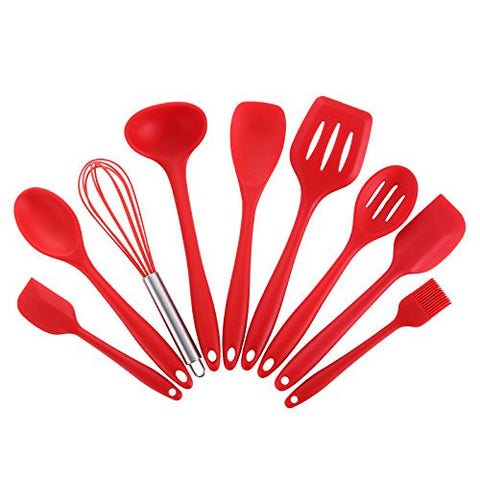 JOYOLDELF 9-PIECE SILICONE BAKING SET - SPATULAS, SPOONS & TURNER - HEAT RESISTANT COOKING UTENSILS (RED)