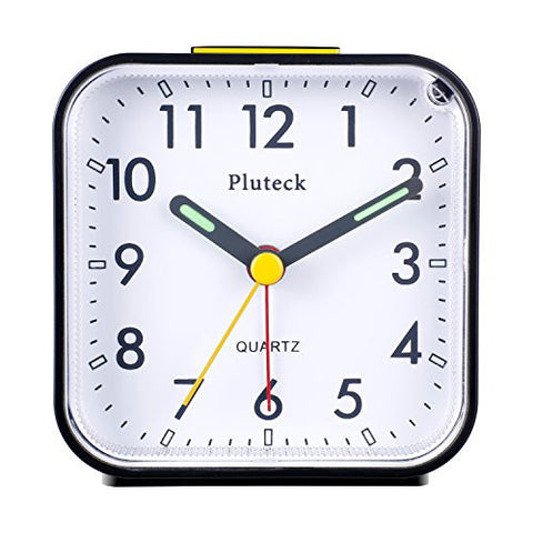 PLUTECK NON TICKING ANALOG ALARM CLOCK WITH NIGHTLIGHT AND SNOOZE/ASCENDING SOUND ALARM/SIMPLE TO SET CLOCKS, BATTERY POWERED, SMALL, BLACK