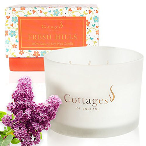 COTTAGES OF ENGLAND, FRESH HILLS – LARGE 3-WICK NATURAL SOY CANDLE – GENTLE LILAC & MUSK – GIFT BOXED – 20OZ