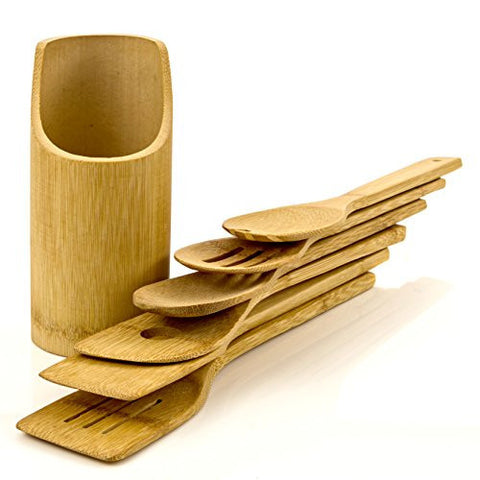 INTRIOM BAMBOO SET OF 7 BAMBOO -MADE COOKING / BAKING KITCHEN UTENSILS - SPATULA. MIXING SPOON. SALAD SERVING FORK W/ BAMBOO UTENSILS HOLDER