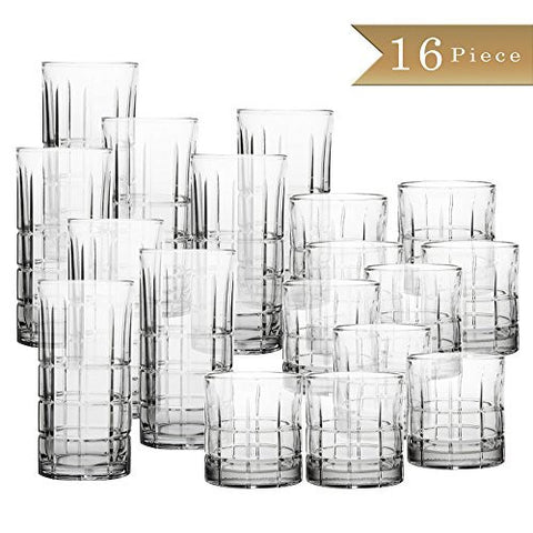 16 PIECE - TRUECRAFTWARE GLASSWARE SET - SQUARE PATTERN - 8 - 16 OUNCE AND 8 - 10.5 OUNCE GLASSES