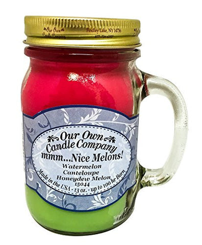 MMM... NICE MELONS! WATERMELON, CANTALOUPE, HONEYDEW MELON SCENTED 13 OUNCE MASON JAR CANDLE BY OUR OWN CANDLE COMPANY