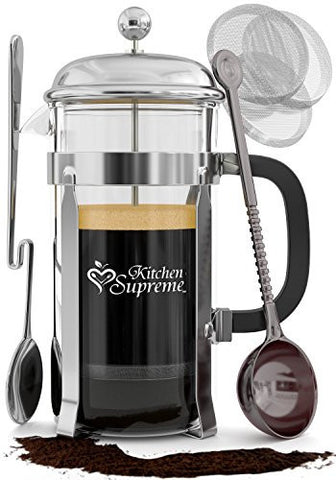 FRENCH PRESS COFFEE & TEA MAKER COMPLETE BUNDLE | 34 OZ | BEST COFFEE PRESS POT WITH STAINLESS STEEL & DOUBLE GERMAN GLASS