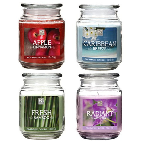 HOSLEY'S SET OF 4 JAR CANDLES: APPLE CINNAMON, CARIBBEAN BREEZE, FRESH BAMBOO, RADIANT ORCHID. 18 OZ EACH. HAND POURED CANDLES USING A HIGH QUALITY WAX BLEND INFUSED WITH ESSENTIAL OIL FRAGRANCE.