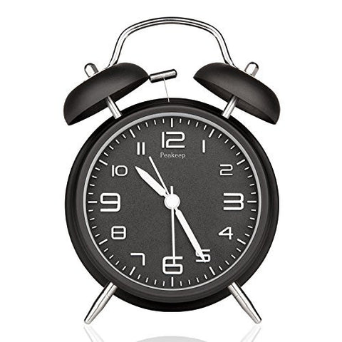 PEAKEEP 4" TWIN BELL ALARM CLOCK WITH STEREOSCOPIC DIAL, BACKLIGHT, BATTERY OPERATED LOUD ALARM CLOCK (BLACK)