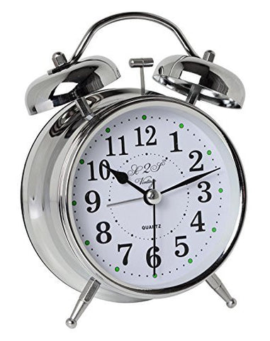 A2S VINTAGE STYLE ALARM CLOCK - TWIN BELL, ANALOG & BATTERY OPERATED - GREAT FOR HEAVY SLEEPERS AND TRAVEL (SILVER CLASSIC)