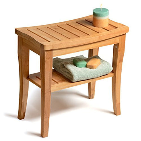 BAMBÜSI 100% DELUXE BAMBOO SHOWER SEAT BENCH WITH STORAGE SHELF