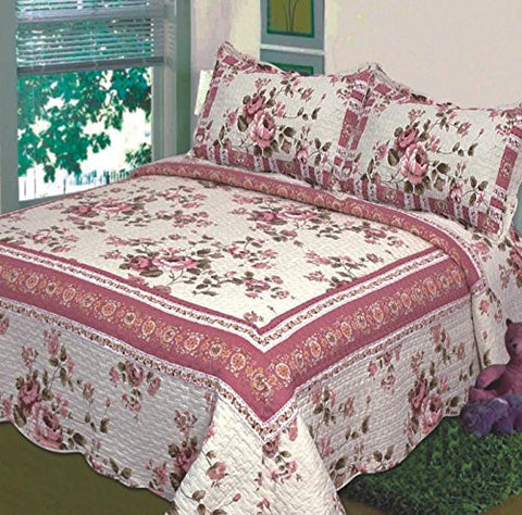 FANCY COLLECTION 3 PC BEDSPREAD BED COVER BEIGE PINK FLORAL (FUL/QUEEN)