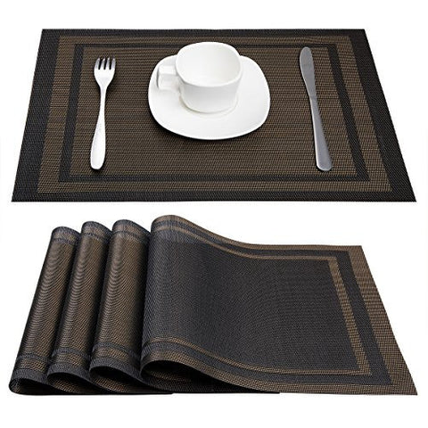 PLACEMATS, ARTAND HEAT-RESISTANT PLACEMATS STAIN RESISTANT ANTI-SKID WASHABLE PVC TABLE MATS WOVEN VINYL PLACEMATS, SET OF 4 (BLACK+GOLD)